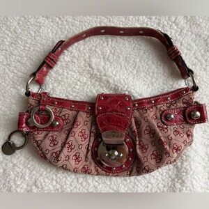 Guess Vintage Y2K Red Logo Monogram Canvas Shoulder Bag with Croc-Trim